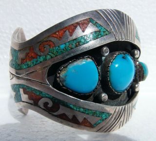 Navajo Tommy Singer Museum Numbered Chip Inlay Shadowbox Cuff Bracelet 109 Grams 2
