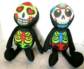 Fiesta Day Of The Dead 2 Skull Stuffed Soft Plush Dolls Black /multi Color 16 "