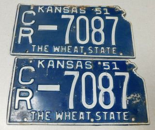 1951 Kansas Passenger Car License Plate Pair Crawford County