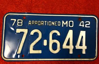 1978 Missouri License Plate Apportioned 72 - 644 78 42 Mo Apportioned