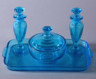 1930s Blue Elegant Depression Glass Vanity Set Perfumes Jar & Tray Cambridge Nr