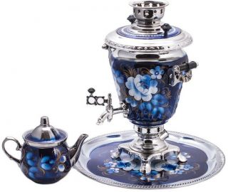 Russian Samovar Teapot Tray Set Us Compatible 110v Blue Floral Zhostovo
