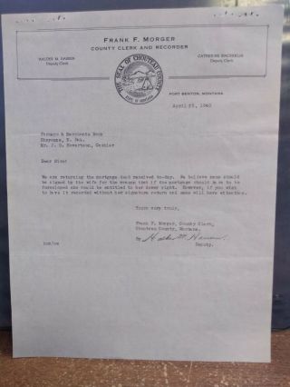 Fort Benton,  Montana & Sheyenne,  North Dakota Mortgage Deed Letter 1940