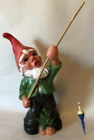 Vintage Zeho Plastic Gnome Bank Holding A Fishing Pole Garden Whimsical