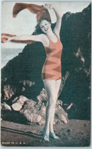 Vintage Pin - Up Girl Arcade / Mutoscope Card Red Bathing Suit Beach C1940s