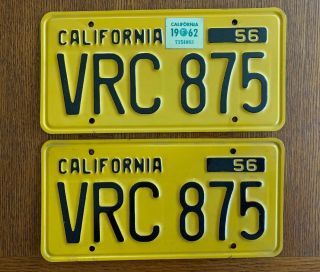 1956 - 62 California License Plates Pristine.  Numbers