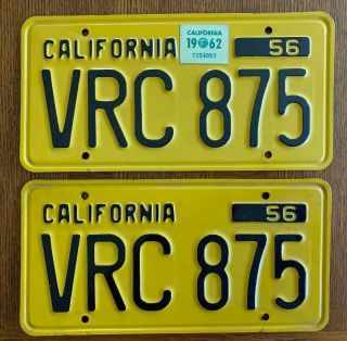 1956 - 62 California License Plates Pristine.  Numbers 2
