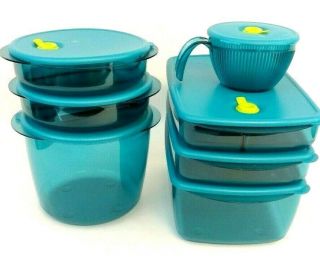 Tupperware Vent ’n Serve Set Of 7 Microwaveable Peacock Blue Storage Containers