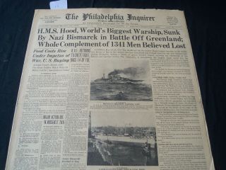 1941 May 25 Philadelphia Inquirer Newspaper - H.  M.  S.  Hood Warship Sunk - Nt 7244