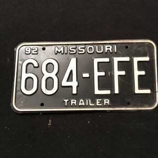 Vintage Black Missouri 1992 Trailer License Plate,  684 - Efe Look