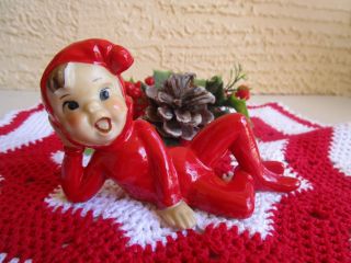 Vintage Ceramic Elf/pixie Laying On Side & Mouth Open &big Eyes Xmas Figurine