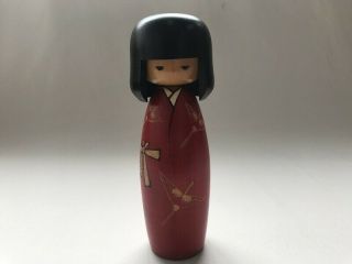 Wooden Kokeshi Figure Girl Woman Doll Red Kimono Black Hair Japanese Vtg Z23