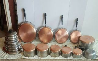20 Pc 1801 Revere Ware Copper Bottom Stainless Pots,  Pans,  Skillets Cookware Set
