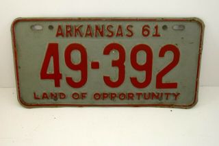 1961 Arkansas License Plate Tag Car Automobile Estate Find 49 - 392 Vintage
