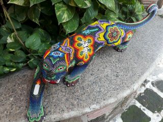Great Hand Beaded Huichol Mexican Folk Art Jaguar,  By Florencio Lopez.  PP1197 10