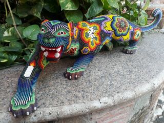 Great Hand Beaded Huichol Mexican Folk Art Jaguar,  By Florencio Lopez.  Pp1197