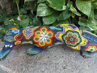 Great Hand Beaded Huichol Mexican Folk Art Jaguar,  By Florencio Lopez.  PP1197 4