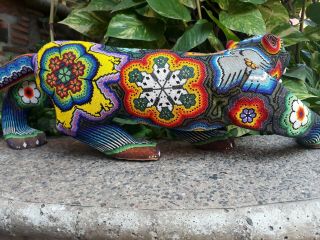 Great Hand Beaded Huichol Mexican Folk Art Jaguar,  By Florencio Lopez.  PP1197 7
