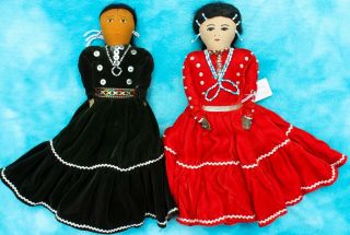 Native American Navajo Indian 12 " Handmade Cloth Dolls Velvet Dresses Beads