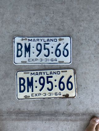 Expire 1964 Set Of 2 Md Maryland License Plate Unrestored Matched Pair