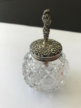 Antique Sterling Silver Lid Cut Glass Crystal Powder Jar With Brush (rare)