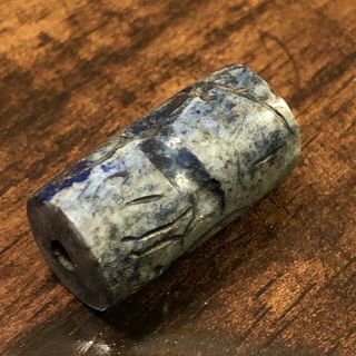 Babylonian Style Cylinder Intaglio Bead Blue Lapis Lazuli Seal Iraq Middle East