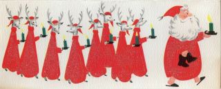 Santa Claus Reindeer Deer Glitter Candle Pajamas Mcm Vtg Christmas Greeting Card