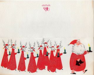 Santa Claus Reindeer Deer Glitter Candle Pajamas MCM VTG Christmas Greeting Card 3