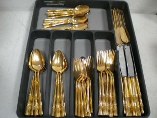Viners Of Sheffield Gold Cane Bamboo Flatware Service For 8,  Mid Century Modern