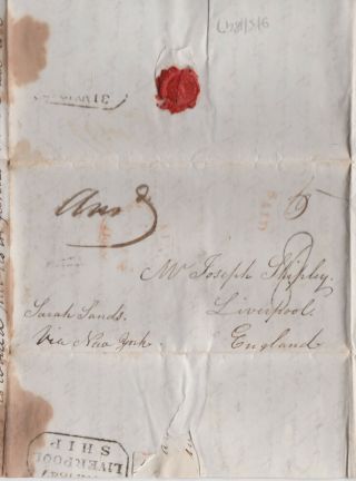 1847 Usa Delaware Transatlantic Ship Letter To Joseph Shipley Per Sarah Sands