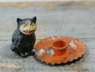 Antique Early 20thc Painted Halloween Black Cat Spelter & Tin Candleholder
