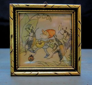 Vtg Tiny Gnome Pixie Elf Dancing W/ Crickets,  Lady Bug Framed Lithograph Germany