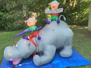 Rare Gemmy Christmas Airblown Inflatable Elves And Hippo Animated