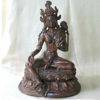 Large Lost Wax Green Tara Statue Copper Serene Smile Nepal Tibet