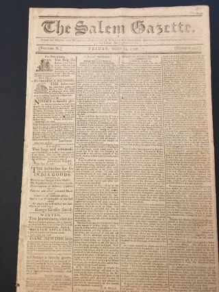 Salem Gazette October 14 1796 Napoleon Barbary Slaves American Captivity