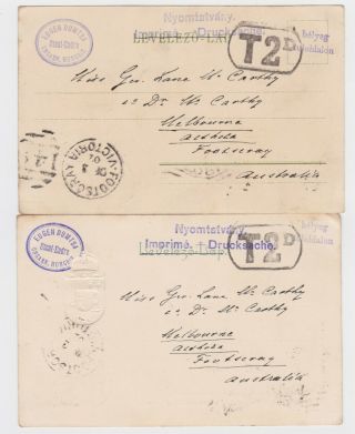 Budapest Hungary To Footscray Australia W.  T2d Tax Stamps 1902 2 Early Postcards