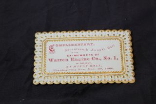13 Fireman Ball Ticket Warren Engine Co No 1 Minot Hall Roxbury Boston Ma 1866