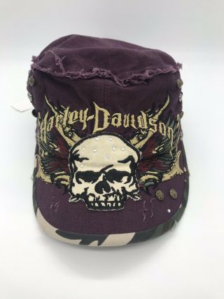 Rare Harley Davidson Maroon Painters Hat With Skull And Wings Strings Off Back