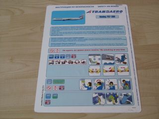 Transaero Airlines Boeing 767 - 300 Safety Card Rare