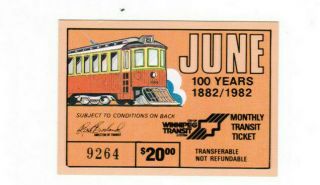 Winnipeg Canada Monthly Transit Bus Ticket Pass For Month Of June 1982 100 Years