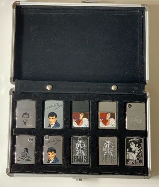 Set of 10 Elvis Presley Zippo Lighters 1982 - 2000 in Zippo Display Case 2