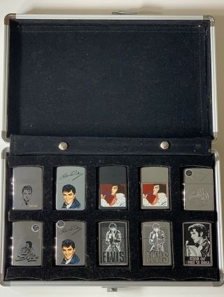 Set of 10 Elvis Presley Zippo Lighters 1982 - 2000 in Zippo Display Case 4