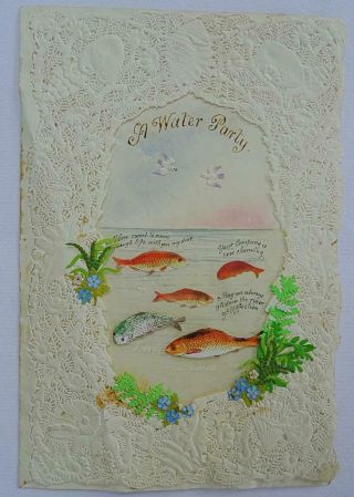 Victorian Paper Lace Antique Greeting Card Valentine Painted Water Party Fish
