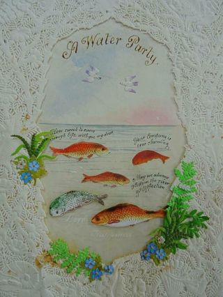 Victorian Paper Lace Antique Greeting Card Valentine Painted Water Party Fish 2