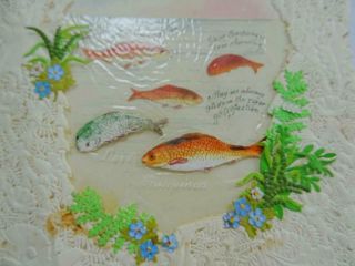 Victorian Paper Lace Antique Greeting Card Valentine Painted Water Party Fish 4
