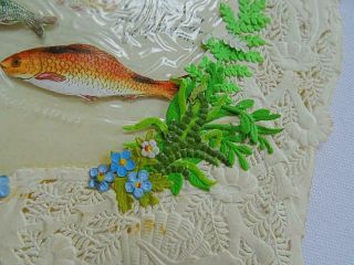 Victorian Paper Lace Antique Greeting Card Valentine Painted Water Party Fish 5