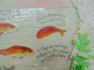 Victorian Paper Lace Antique Greeting Card Valentine Painted Water Party Fish 6