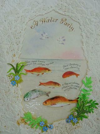 Victorian Paper Lace Antique Greeting Card Valentine Painted Water Party Fish 8