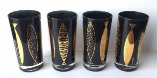 (4) Mid Century Fred Press Fish Cocktail Glasses Black W/ Gold Gilt 5 5/8” Tall