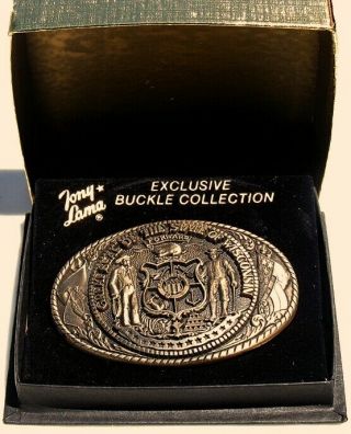 Vintage Tony Lama State Of Wisconsin Solid Brass 1st Edition Belt Buckle,  Box
